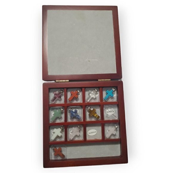 Various Natural Gemstone Cross Pendant Christian‎ Gift Set of 11 with Wood Case - Picture 2 of 4